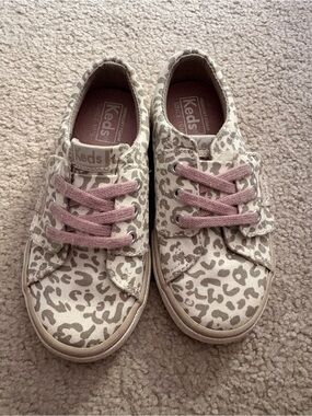 Keds Kids Beige Leopard Canvas Sneakers with Pink Laces